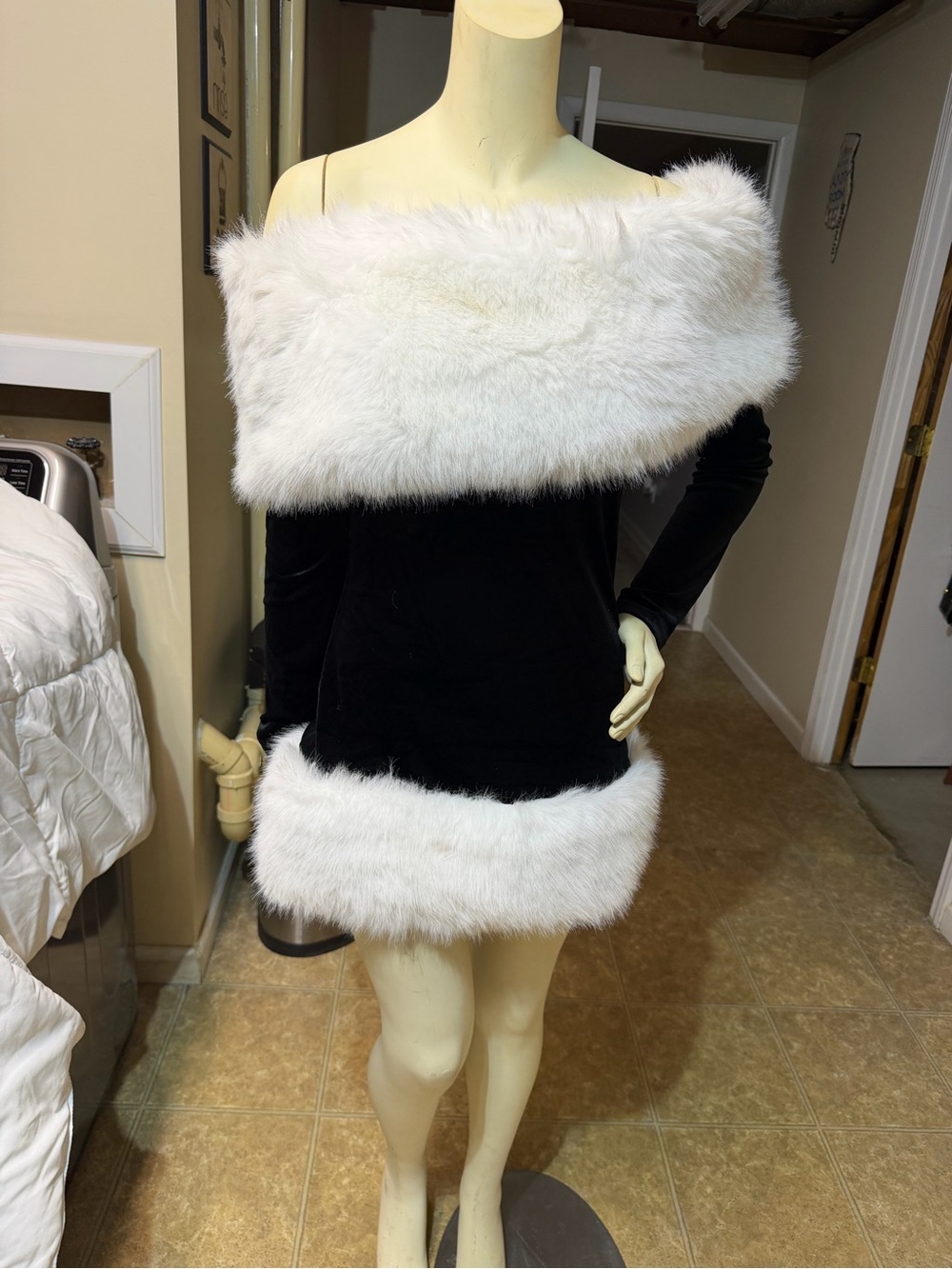 AKIRA Black Velvet Cami with White Faux Fur Trim